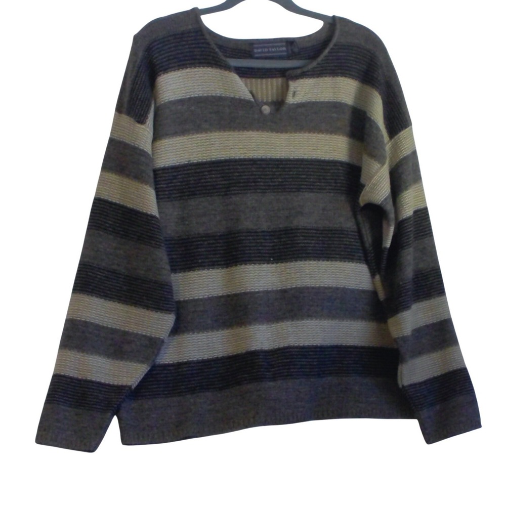 David Taylor Mens Striped Henley Sweater Grey Beige Long Sleeve Knit L